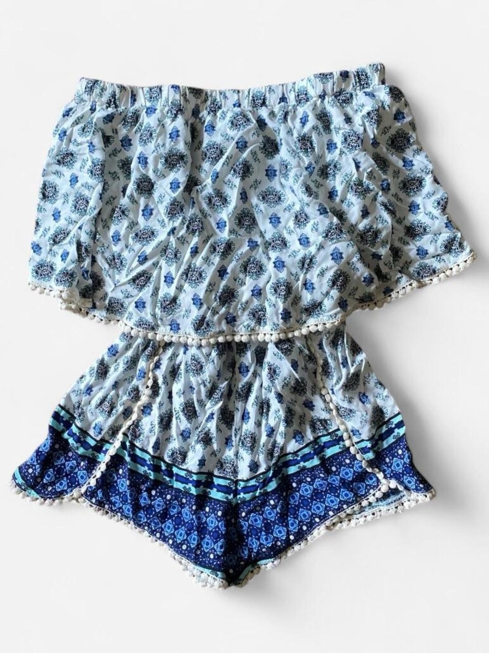 Vintage Y2K Rue 21 Pom Pom Romper Fringe Tassels Boho Strapless Summer Beach